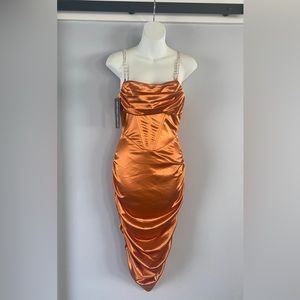 V-Neck Stretch Satin Slimming Dress With Slit Burnt Orange